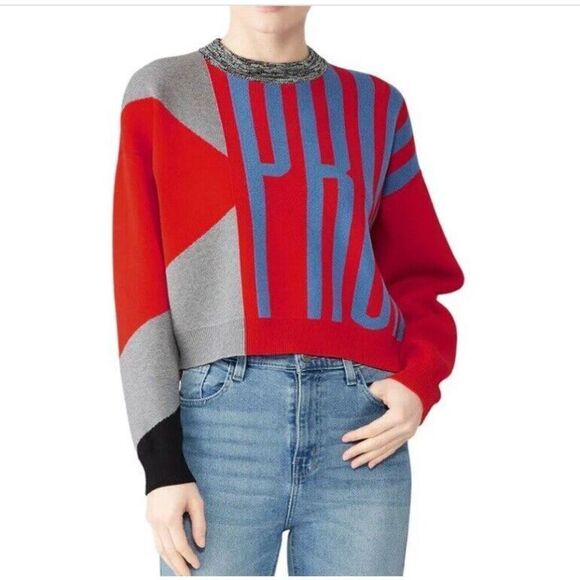 PROENZA SCHOULER Logo Sweater Women Small Cropped Jacquard Pullover Orange Wool - Picture 1 of 16